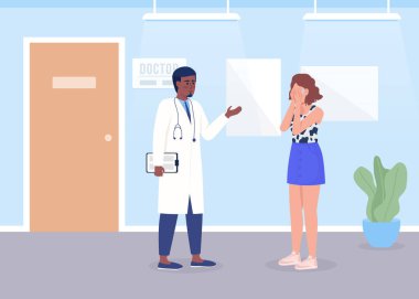 Doktor randevusunda ağlayan kadın düz renk vektör çizimi. Hasta için kötü haber. Tamamen düzenlenebilir 2D basit çizgi film karakterleri ve hastane geçmişi. Kullanılan Bebas Neue yazı tipi