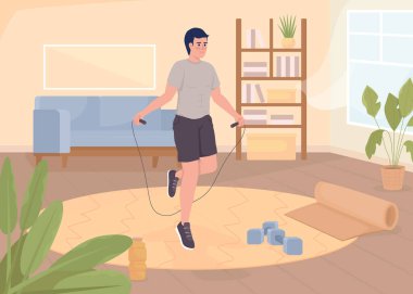 Sporcu atlama halatı düz renk vektör illüstrasyonuyla egzersiz yapıyor. Evde fitness var. Sağlıklı bir yaşam tarzı. Tam olarak düzenlenebilir 2D, arka planda oturma odası olan basit çizgi film karakteri