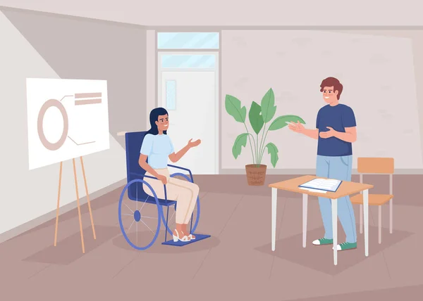 残疾员工在办公室平面彩色矢量插图 纳入工作场所 业务介绍 完全可编辑的2D简单卡通人物 背景为会议室 — 图库矢量图片