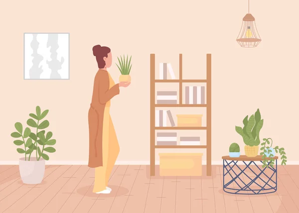 Woman Taking Care Houseplant Flat Color Vector Illustration Domestic Garden — Stock Vector