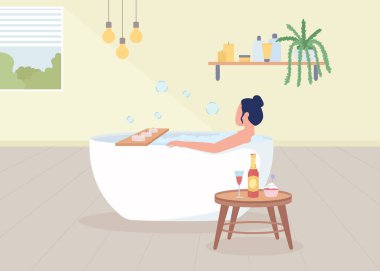 Banyo yapan kadın düz renk vektör çizimi yapıyor. Kendine dikkat eden bir kadın. Hygge atmosferi. Dinlenme ve dinlenme zamanı. Tamamen düzenlenebilir 2D basit bir çizgi film karakteri.