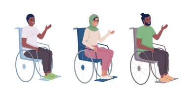 Tekerlekli sandalyedeki engelli hastalar yarı düz renk vektör karakterleri ayarlandı. Düzenlenebilir figürler. Beyazın üstüne tüm vücudu olan insanlar. Web grafik tasarımı ve animasyonu için basit çizgi film stili çizimleri koleksiyonu