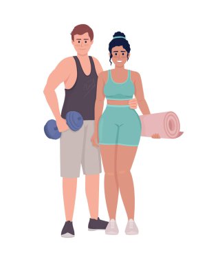 Spor malzemeleri yarı düz renk vektör karakterli pozitif bir çift. Düzenlenebilir figürler. Beyazın üstüne tüm vücudu olan insanlar. Web grafik tasarımı ve animasyonu için basit karikatür stili çizimi uygulanıyor