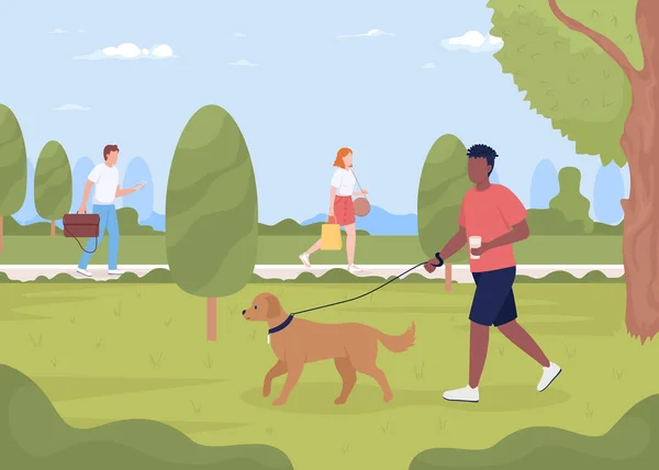 夏季公园人类遛狗的平面彩色矢量图解 人们在公共场所 花时间在城市花园 完全可编辑的具有背景景观的2D简单卡通人物 — 图库矢量图片