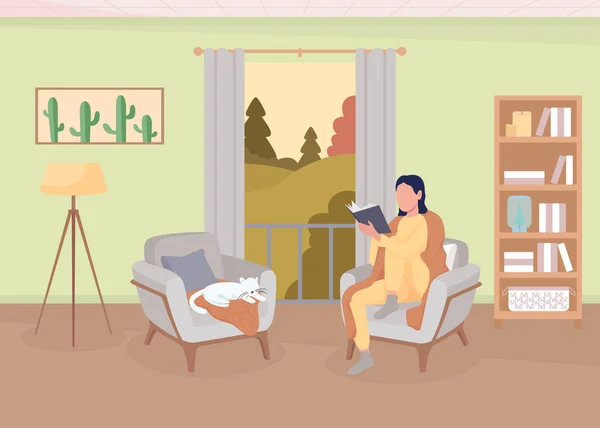 Женщина Читает Книгу Домашней Плоской Цветной Векторной Иллюстрации Домашний Уют — стоковый вектор