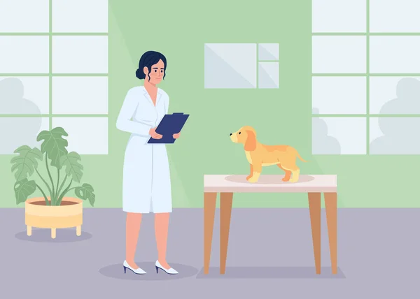 犬のフラットカラーベクトルイラストを調べる獣医師 動物の医療支援 医療サービスを提供する 病院病棟と完全に編集可能な2Dシンプルな漫画のキャラクターを背景に — ストックベクタ