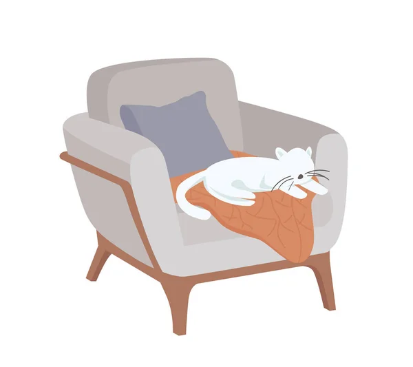 Koltukta Dinlenen Sevimli Kedi Yarı Düz Renk Vektör Karakteri Içi — Stok Vektör