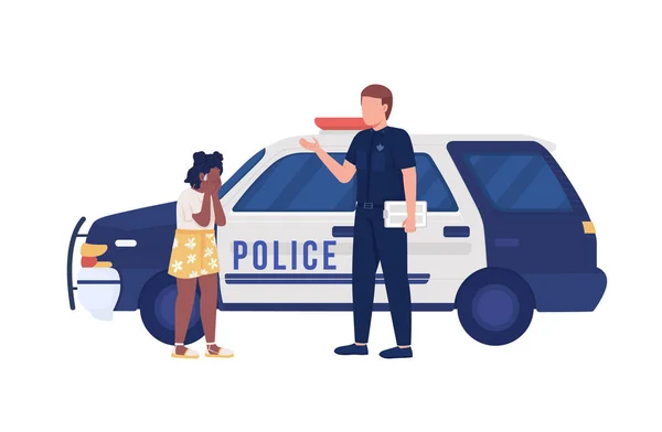警察官と泣き娘の半フラットカラーベクトル文字 編集可能な数字だ 白人の全身人 Webグラフィックデザインやアニメーションのためのシンプルな漫画スタイルのイラスト Beas Neueフォント使用 — ストックベクタ