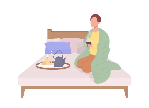 Άνθρωπος Πίνοντας Τσάι Στο Κρεβάτι Ημι Επίπεδη Χρώμα Διανυσματικό Χαρακτήρα — Διανυσματικό Αρχείο