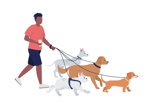 犬の歩行者の仕事半フラットカラーベクトル文字 動物の世話を 編集可能な人物だ 全身を白で ウェブグラフィックデザインやアニメーションのためのペットシンプルな漫画スタイルのイラスト — ストックベクタ