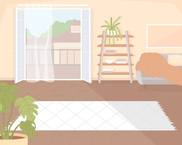 Obývací Pokoj Balkónem Plochý Barevný Vektor Ilustrace Pohodlně Zařízená Rezidence — Stockový vektor