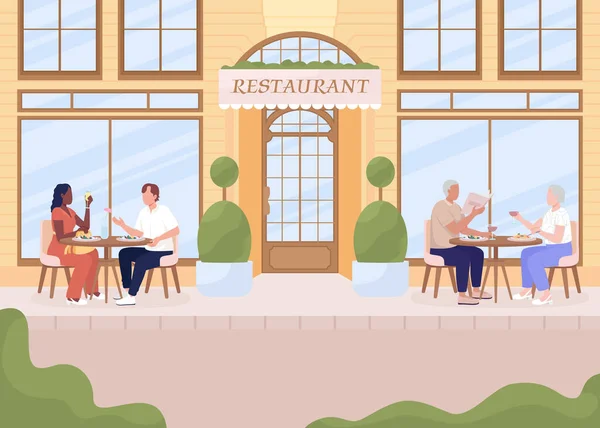 在餐厅平台上享用舒适的晚餐 平面彩色矢量插图 在外面吃饭的夫妻 完全可编辑的2D简单卡通人物 背景设计精美 — 图库矢量图片