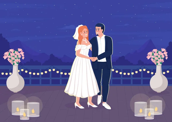 新婚フラットカラーベクトルイラストのための屋上にロマンチックな親密な雰囲気 素敵な笑顔のカップル 背景に美しい空と星と完全に編集可能な2Dシンプルな漫画のキャラクター — ストックベクタ