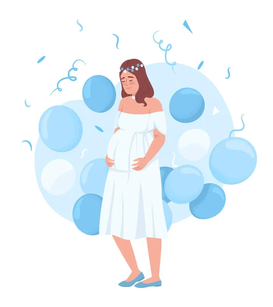 这是一个男婴淋浴器2D矢量孤立的例子 性别揭示党 怀孕的妈妈在卡通片背景上的扁平角色 演示的色彩丰富的可编辑场景 — 图库矢量图片