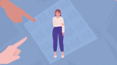 Animasyon kadın çizimi. Üzgün bayana kabadayılık. Modern mücadele. Aşağılanma. Düz renk 2D çizgi film karakterleri animasyon videosu. Şeffaf arkaplanda gülenler var.