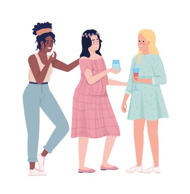 Bebek partisindeki yarı düz renk vektör karakterleri kutluyoruz. Düzenlenebilir figürler. Beyazın üstüne tüm vücudu olan insanlar. Web grafik tasarımı ve animasyonu için basit bir karikatür stili çizimi