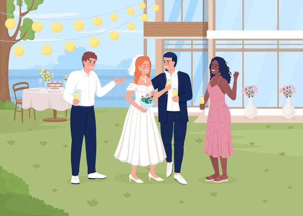 Celebrando Evento Casamento Quintal Ilustração Vetorial Cor Plana Felizes Recém — Vetor de Stock
