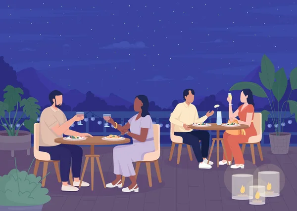 リゾートフラットカラーベクトルイラストでロマンチックな親密なディナー 夕方には最愛のパートナーと食事やワインをお楽しみください 背景に夜空を持つ完全に編集可能な2Dシンプルな漫画のキャラクター — ストックベクタ