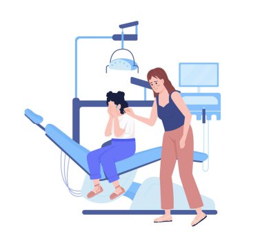 Anne ve dişçi ofisinde ağlayan kızı yarı düz renk vektör karakterler. Düzenlenebilir figürler. Beyazın üstüne tüm vücudu olan insanlar. Web grafik tasarımı ve animasyonu için basit çizgi film stili çizimi