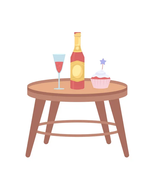 小桌子上的香槟和纸杯蛋糕是半扁平的颜色矢量对象 可编辑元素 全尺寸的白色项目 网上平面设计和动画的假日简单卡通画 — 图库矢量图片