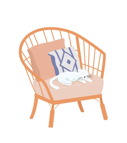 Lazy Cat Lying Chair Semi Flat Color Vector Character Rattan — Stock Vector