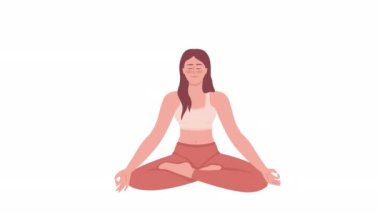 Yoga karakteri canlandırmak. Özenli bir çalışma. Sağlıklı olmak. Beyaz arka planda alfa kanalı şeffaflığı olan tam vücut düz insan. Animasyon için renkli çizgi film biçimi HD video görüntüleri