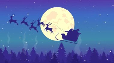 Canlandırılmış sihirli kızak çizimi. Sihirli uçan ren geyikleri. Noel Baba kızağı. Zenci ormanlarının arka planında daire şeklinde düz renkli 2D manzara animasyonu. Alfa kanallı HD video