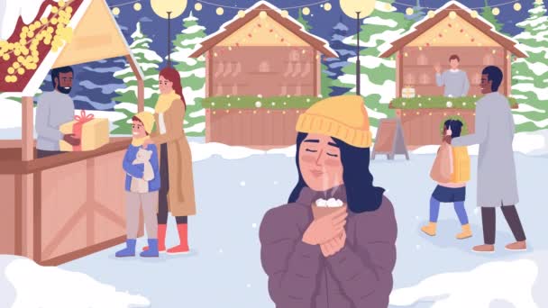 Illustrazione Animata Della Fiera Natale Signora Con Mano Una Bevanda — Video Stock