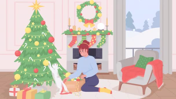 Κινούμενα Σχέδια Διακοσμούν Δέντρο Εικόνα Χριστουγεννιάτικες Προετοιμασίες Εποχή Διακοπών Looped — Αρχείο Βίντεο