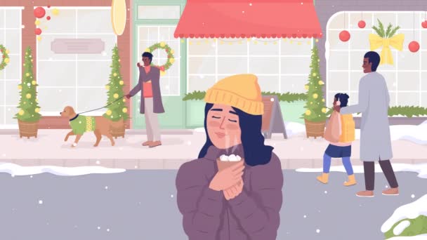 도시의 음료를 마시는 겨울의 캐릭터 애니메이션을 배경에서 다루고 있습니다 — 비디오