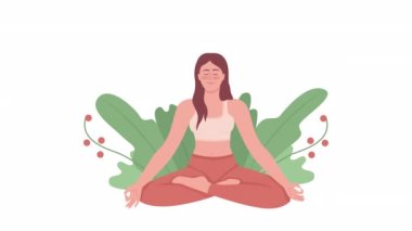 Animasyon yapan kadın karakter. Nefes almaya ve düşünmeye odaklan. Beyaz arka planda alfa kanalı şeffaflığı olan tam vücut düz insan. Animasyon için renkli çizgi film biçimi HD video görüntüleri