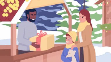 Canlandırılmış adil müşteri illüstrasyonu. Anne ve çocuk hediye alıyor. Noel hazırlığı. Kış pazarı arka planında iki boyutlu düz renkli çizgi film karakterleri animasyonu. Alfa kanallı HD video