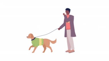 Köpek karakterli animasyon adamı. Evcil hayvanla yürü. Kış zamanı. Beyaz arka planda alfa kanalı şeffaflığı olan tam vücut düz insan. Animasyon için renkli çizgi film biçimi HD video görüntüleri