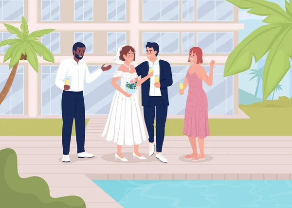Γαμήλιο Πάρτι Κοντά Στην Πισίνα Επίπεδη Έγχρωμη Διανυσματική Απεικόνιση Ευτυχισμένο — Διανυσματικό Αρχείο