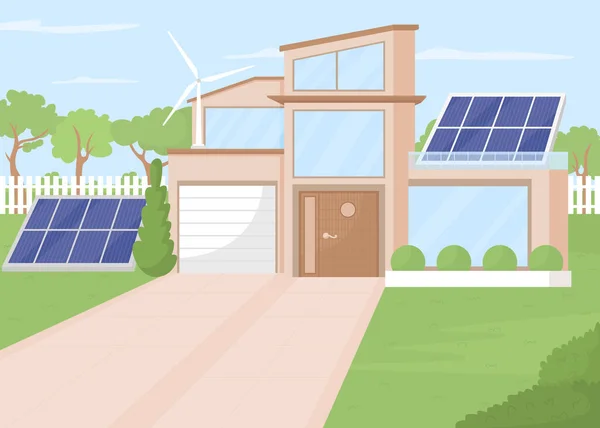 带有太阳能电池板和风车平面彩色矢量插图的生态住宅 满足家庭需要的可再生能源 完全可编辑的2D简朴卡通景观 蓝天为背景 — 图库矢量图片