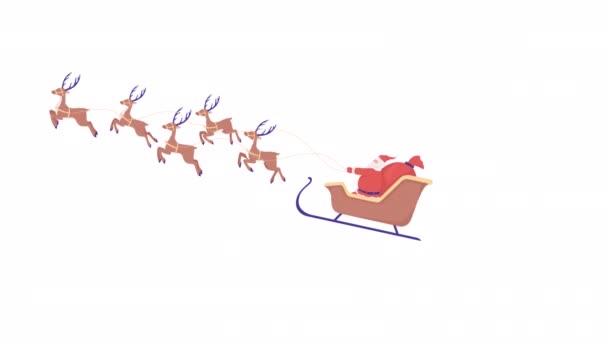 Animowana Postać Świętego Mikołaja Renifery Sanie Całość Płaska Osoba Białym — Wideo stockowe