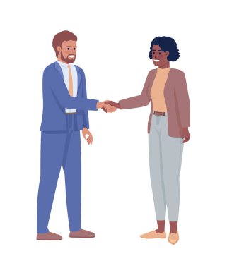 İş ortakları yarı düz renk vektör karakterlerle el sıkışıyor. Düzenlenebilir figürler. Beyazın üstüne tüm vücudu olan insanlar. Web grafik tasarımı ve animasyonu için basit karikatür stili çizimi