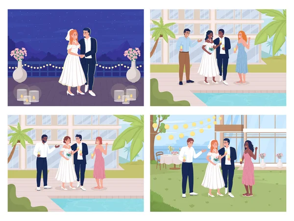 Feier Der All Inclusive Hochzeit Resort Flachfarbvektorillustrationsset Glückliches Brautpaar Voll — Stockvektor
