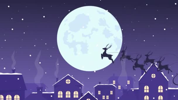 Animierte Hirschgeschirr Illustration Zauberhafte Fliegende Hirsche Weihnachtsmann Schlitten Flachfarbige Cartoon — Stockvideo