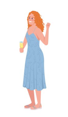 Mavi elbiseli, yarı düz renk vektör karakterli kadın konuşmacı. Düğün tostu. Düzenlenebilir figür. Beyazın üzerinde tam vücut insan. Web grafik tasarımı ve animasyonu için basit çizgi film stili çizimi