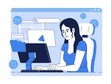 Bilgisayar düz konsept vektör illüstrasyonunda grafik tasarımcısı. İnternette çalışıyorum. Web tasarımı için düzenlenebilir 2D çizgi film karakteri. Web sitesi, cep telefonu, sunum için serbest yaratıcı fikir