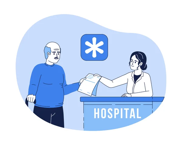 Recepção Hospitalar Vetor Isolado Ilustração Linear Personagem Plano Linha Fina — Vetor de Stock
