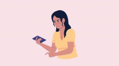 Animasyon karakteri telefon zilini sınırlar. Detoks bildirimi. Pembe arka planda alfa kanal şeffaflığı olan yarı bedeni düz bir insan. Animasyon için renkli çizgi film biçimi HD video görüntüleri
