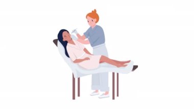 Animasyon yüz prosedür karakterleri. Yenilenme işlemi. Beyaz arka planda, alfa kanalı şeffaflığıyla tam vücut düz insanlar. Animasyon için renkli çizgi film biçimi HD video görüntüleri