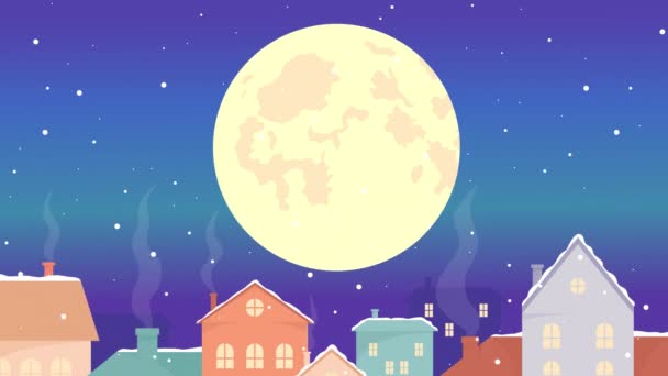 Animierte Nächtliche Stadtillustration Vollmond Über Stadthäusern Magische Winternacht Flachfarbige Cartoon — Stockvideo