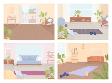 Ev egzersizi için envanter ve yer düz renk vektör çizimleri ayarlandı. Aktif yaşam tarzı ve eğitim. Tamamıyla düzenlenebilir 2D basit çizgi film iç dekorları, arka planda oturma odaları olan paketlerdir.