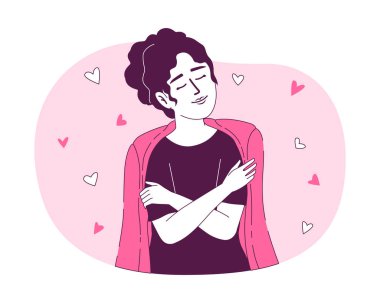Kendine sarılan kadın 2D vektör izole edilmiş doğrusal çizim. Kendini beğenmiş, çizgi film arka planında düz çizgi karakter. Mobil, web sitesi ve sunum için renkli düzenlenebilir sahne