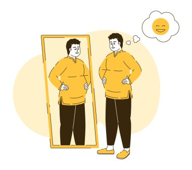 Adam kendini 2D vektör izole edilmiş doğrusal illüstrasyon olarak kabul ediyor. Çizgi film arkaplanındaki ince çizgi karaktere bakıyorum. Mobil, web sitesi ve sunum için renkli düzenlenebilir sahne