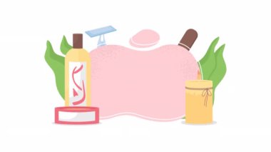 Animasyon kozmetik aletler konsepti. Spa salonu aksesuarları. Web tasarımı için alfa kanal şeffaflığı olan beyaz üzerine 2D çizgi film düz öğeler. HD video görüntüleri. Cazibeli yaratıcı fikir animasyonu