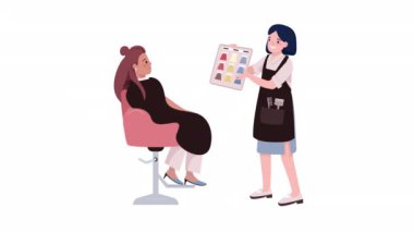 Animasyon kuaför tarzı karakterler. Müşteri saç rengini seçiyor, bembeyaz arka planda bembeyaz insanlar ve alfa kanal şeffaflığı. Animasyon için renkli çizgi film biçimi HD video görüntüleri